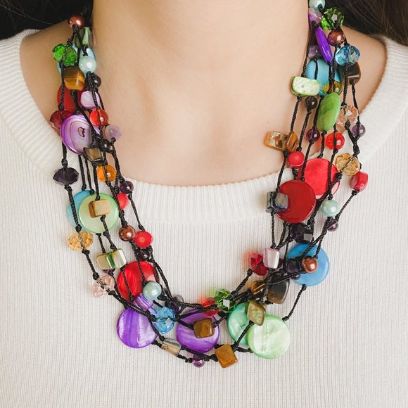 Premier Designs Bright Colorful Shell Glass Beaded Cord Funky Statement Necklace - Picture 11 of 12